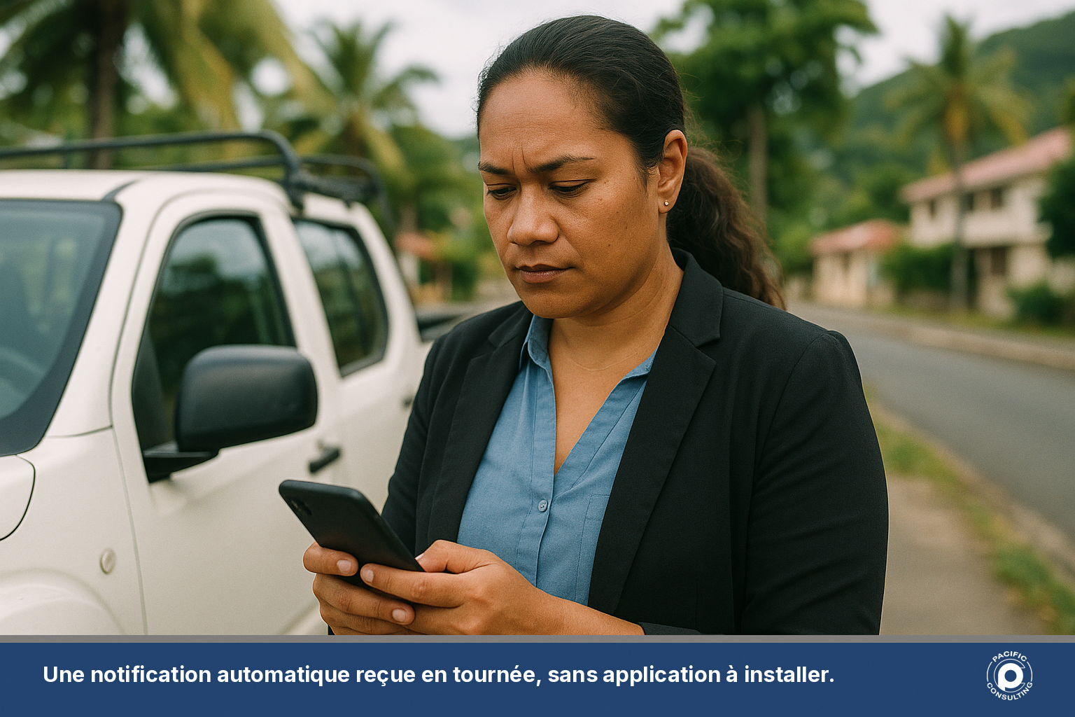 Professionnelle calédonienne consultant une notification SMS sur son mobile en tournée