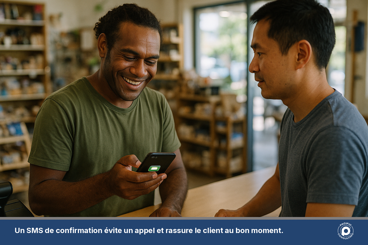 Employé de commerce consultant un SMS de confirmation sur son téléphone au comptoir