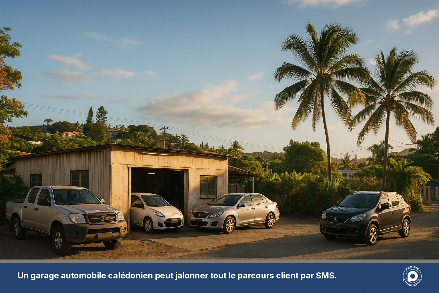Vue d'un garage automobile à Nouméa illustrant le secteur des services de proximité