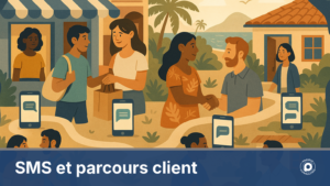 Illustration du parcours client jalonné par des messages SMS à chaque étape
