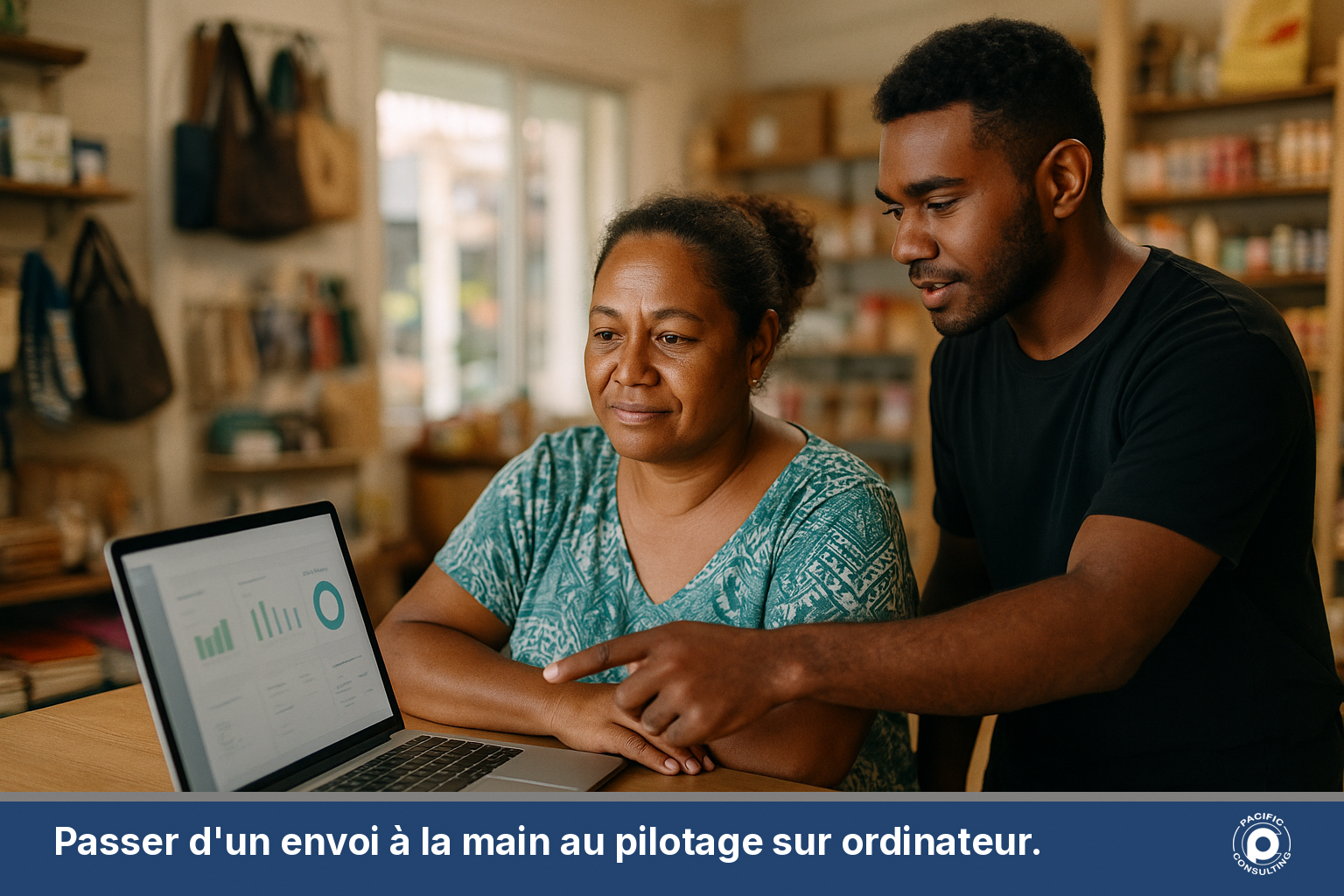 Gérante de commerce calédonienne consultant les statistiques d'envoi SMS sur un ordinateur portable dans sa boutique