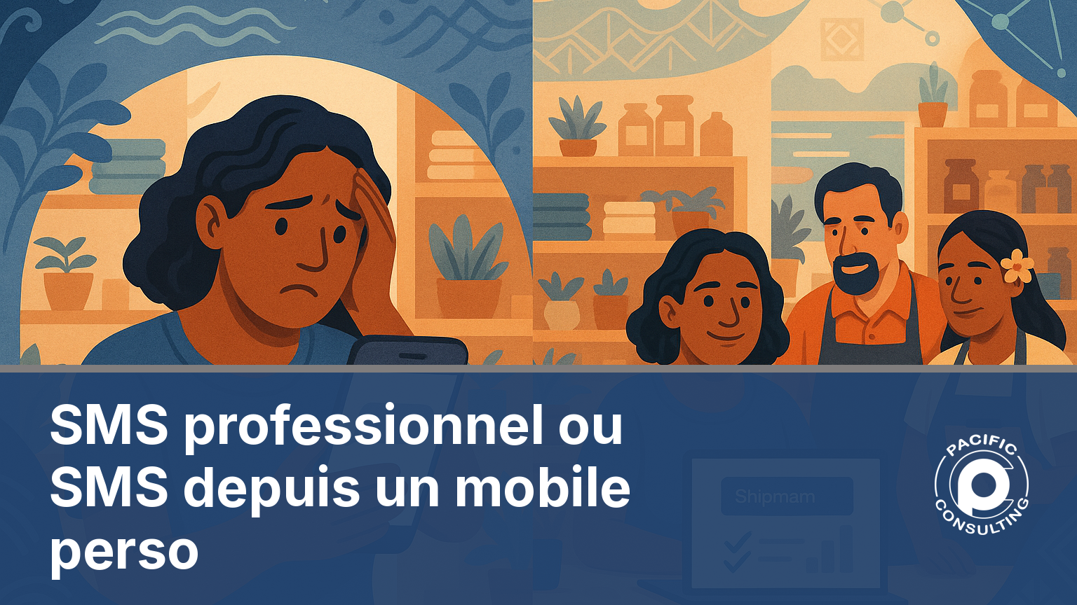 SMS professionnel entreprise signé du nom de l'enseigne comparé à un SMS envoyé depuis un mobile perso en Nouvelle-Calédonie