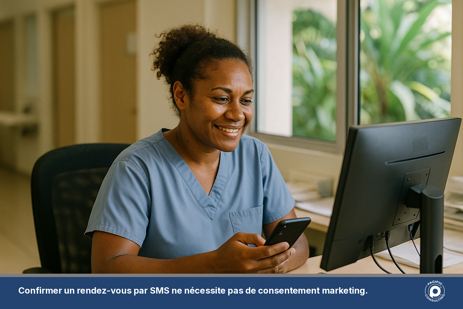 Assistante médicale d'origine kanak envoyant un SMS de rappel de rendez-vous depuis un ordinateur au comptoir d'un cabinet médical