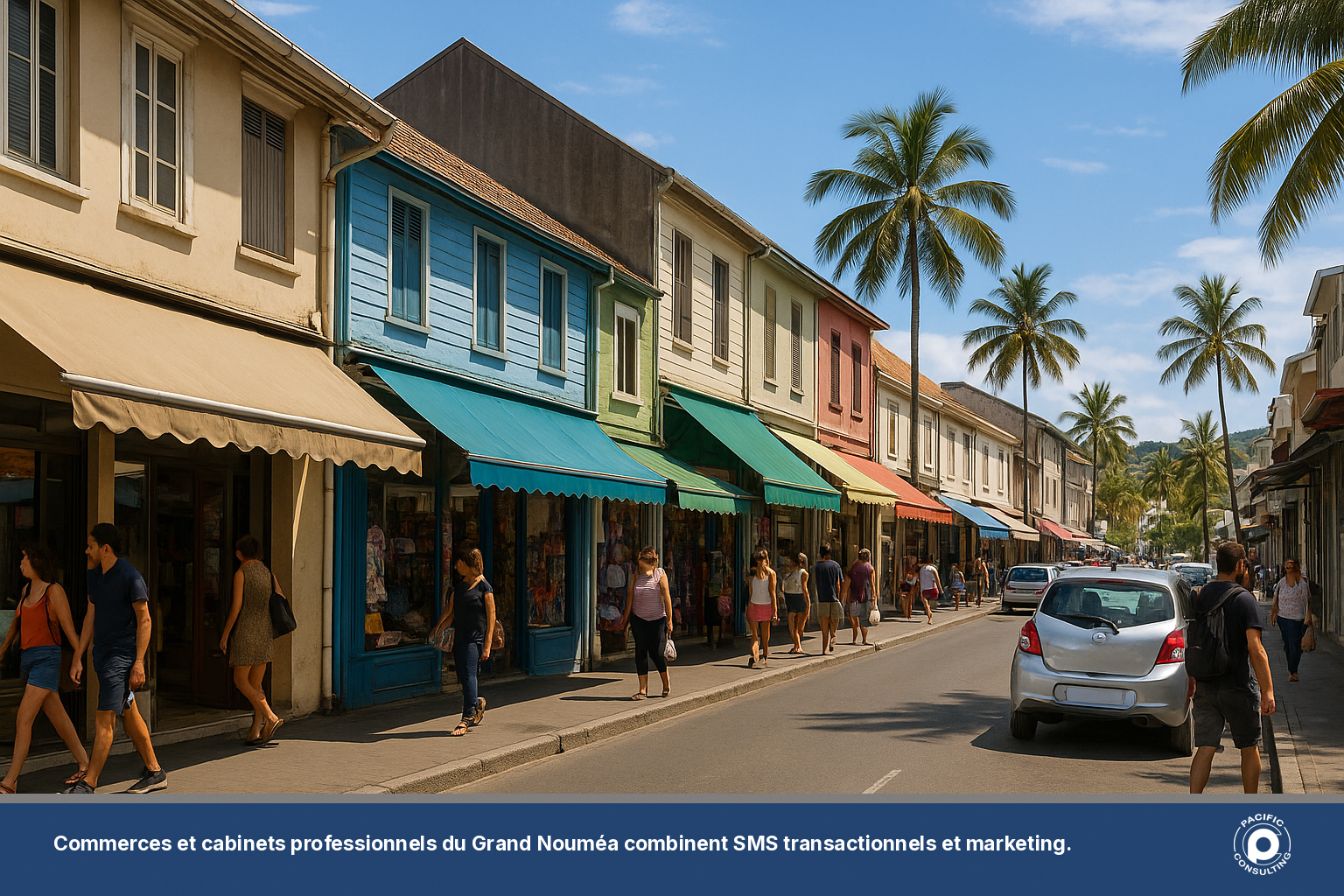 Rue commerçante animée du centre-ville de Nouméa avec ses boutiques et ses passants en pleine journée