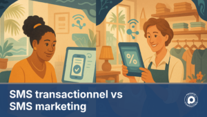 Illustration comparant un SMS transactionnel de confirmation de rendez-vous et un SMS marketing de promotion sur un smartphone