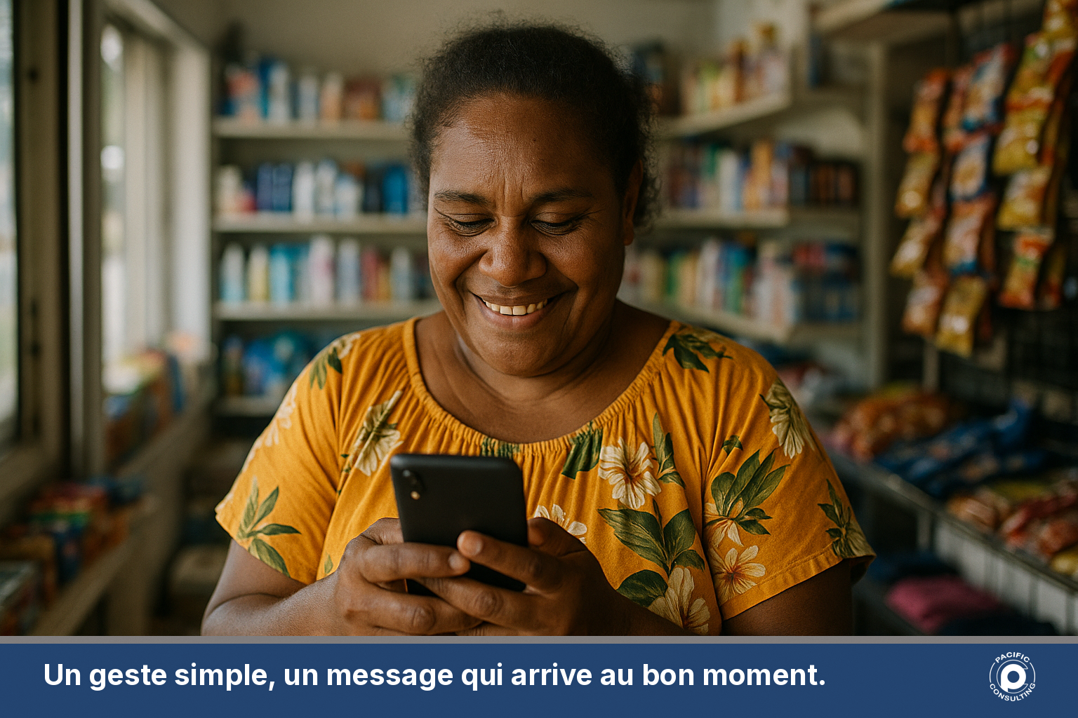 Une commercante caledonienne consulte un SMS de confirmation sur son telephone dans sa boutique
