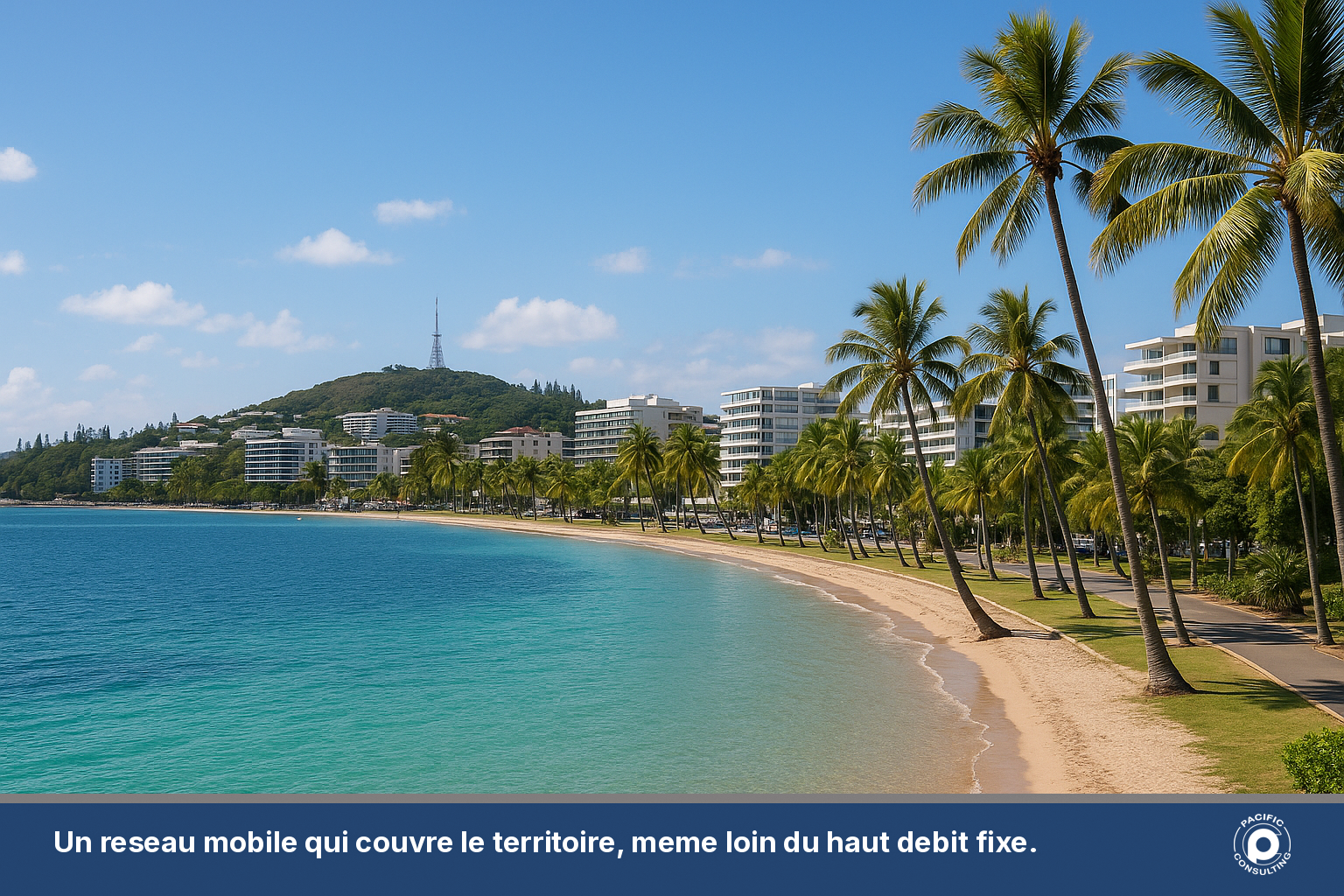 Vue du front de mer de Noumea en Nouvelle-Caledonie avec une antenne relais mobile a l'arriere-plan