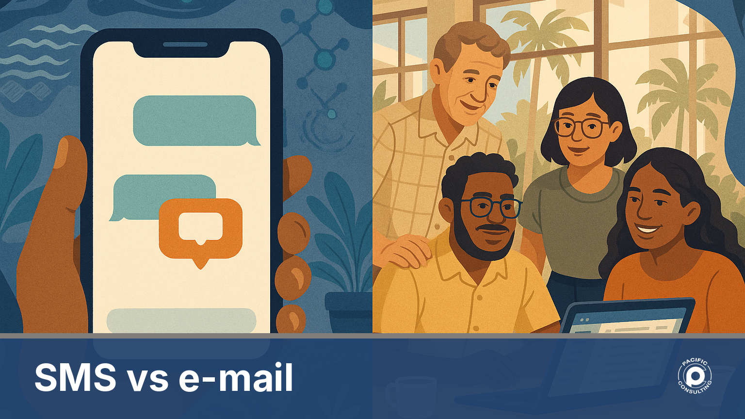 Illustration d'un canal SMS et d'un canal e-mail se rejoignant pour la communication client en Nouvelle-Calédonie