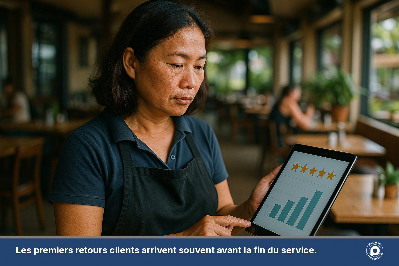 Gérante de restaurant consultant sur tablette les résultats d'un sondage client envoyé par SMS