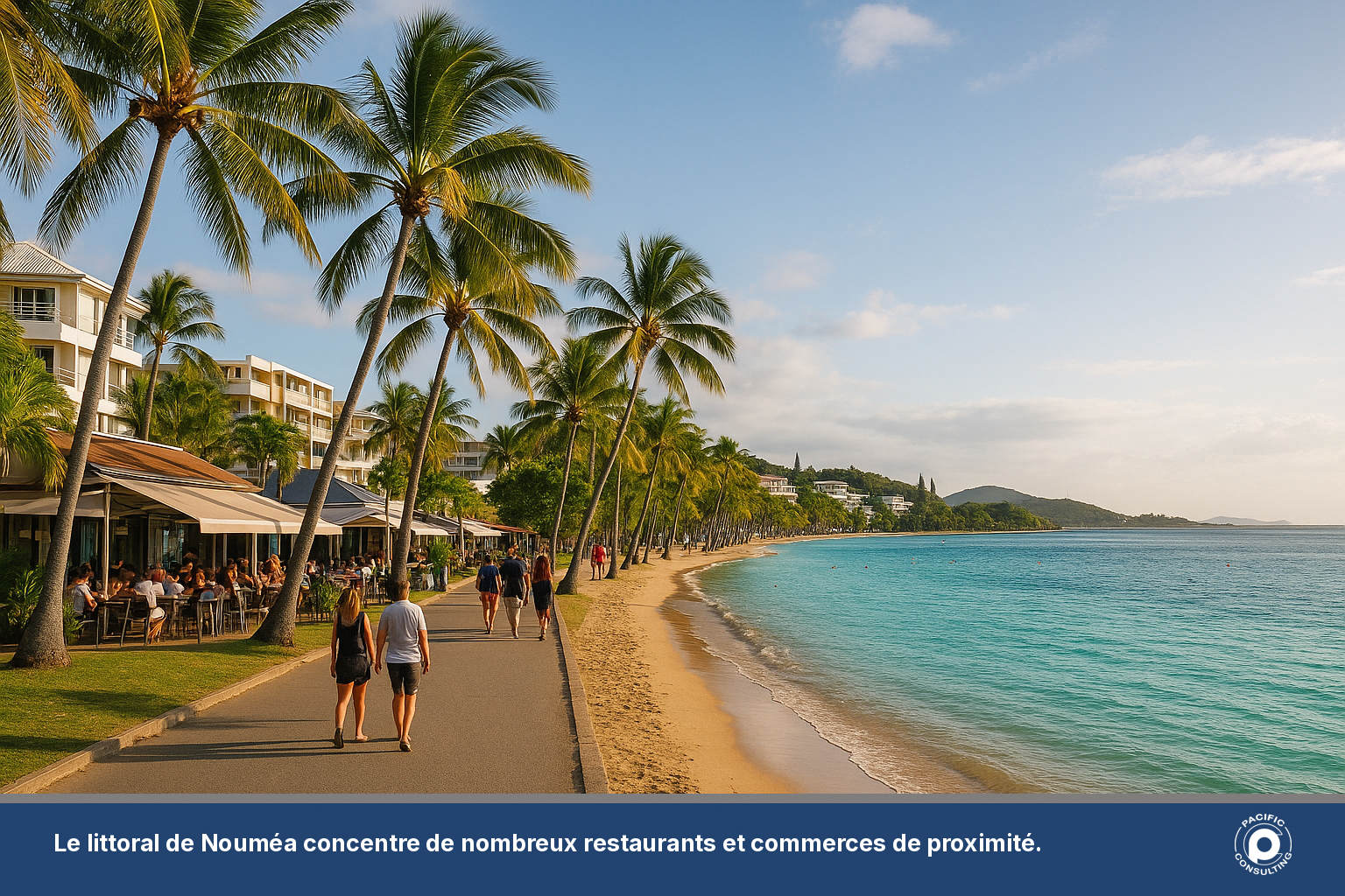 Vue du front de mer de Nouméa en Nouvelle-Calédonie avec des restaurants en bord de baie