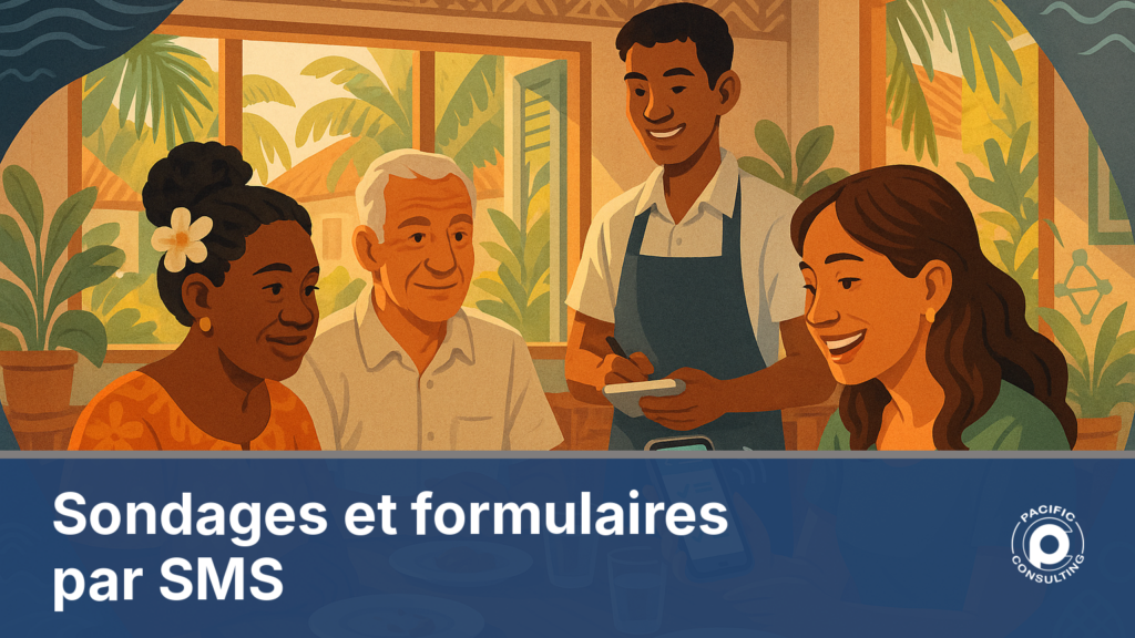 Illustration d'un restaurant en Nouvelle-Calédonie où un client reçoit un sondage de satisfaction par SMS juste après son repas