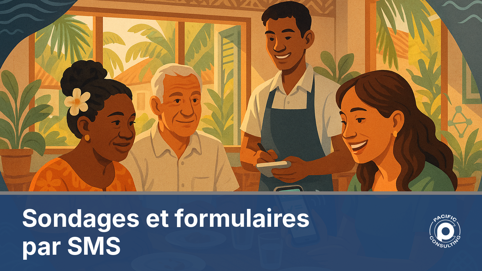 Illustration d'un restaurant en Nouvelle-Calédonie où un client reçoit un sondage de satisfaction par SMS juste après son repas