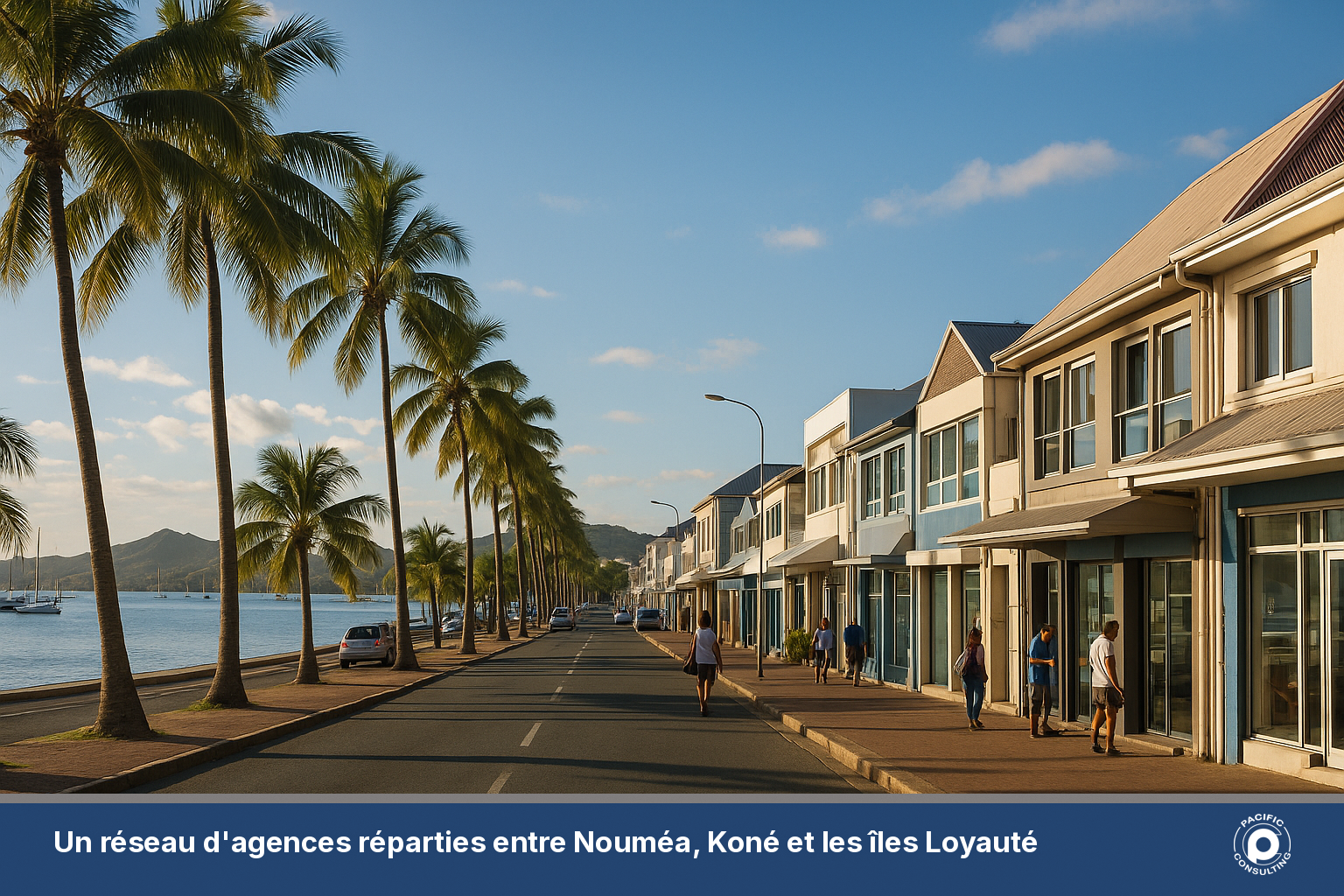 Vue d'agences commerciales réparties dans le paysage urbain de Nouméa et sa région