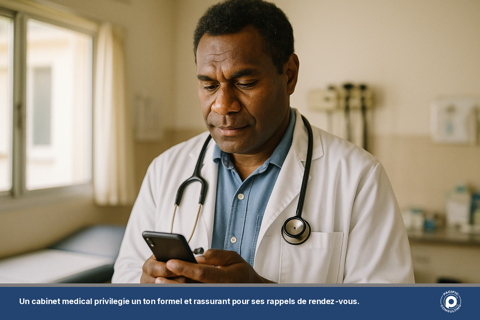 Medecin caledonien consultant son telephone pour envoyer un rappel de rendez-vous par SMS a son cabinet