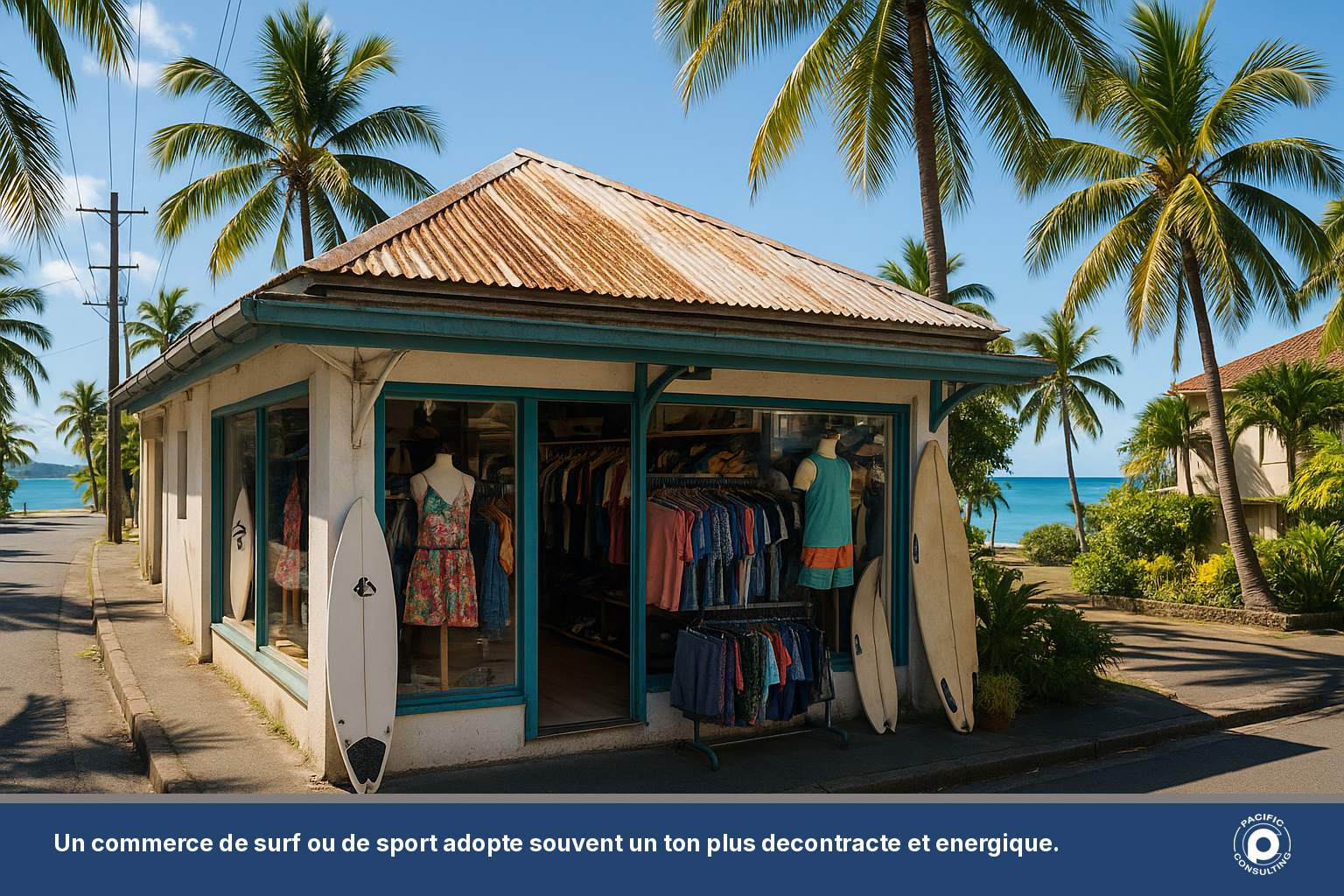 Facade d'un commerce de surf a Noumea en Nouvelle-Caledonie illustrant le ton decontracte des sms commerciaux