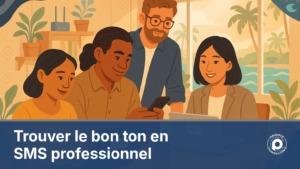 Illustration d'une equipe professionnelle redigeant des SMS avec des tons differents selon les secteurs a Noumea
