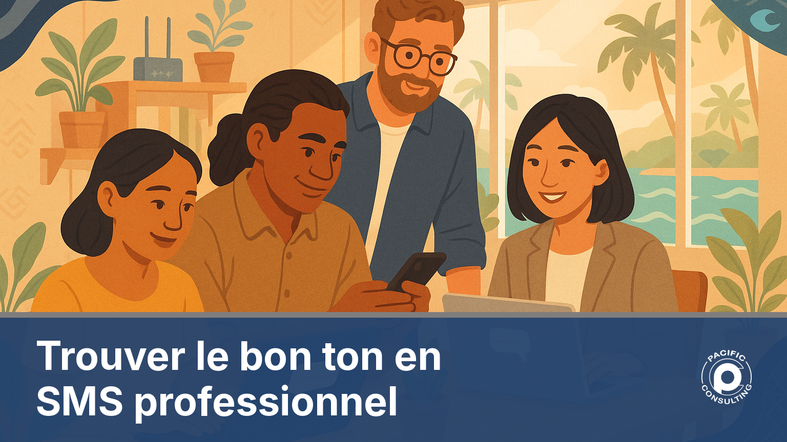 Illustration d'une equipe professionnelle redigeant des SMS avec des tons differents selon les secteurs a Noumea