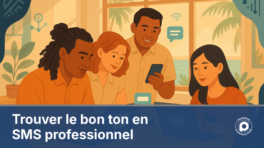 Illustration d'une equipe professionnelle redigeant des SMS avec des tons differents selon les secteurs a Noumea