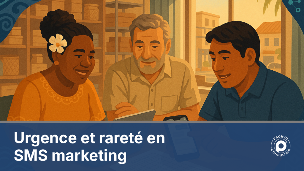 Illustration d'une équipe commerciale calédonienne préparant une campagne SMS d'offre limitée authentique