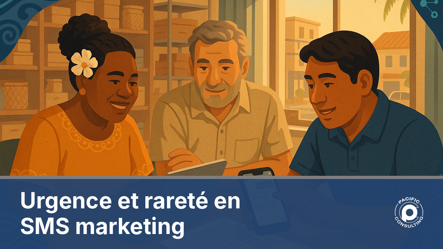 Illustration d'une équipe commerciale calédonienne préparant une campagne SMS d'offre limitée authentique